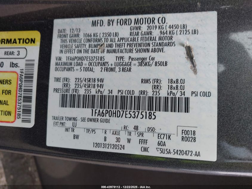 2014 Ford Fusion Se VIN: 1FA6P0HD7E5375185 Lot: 43978112