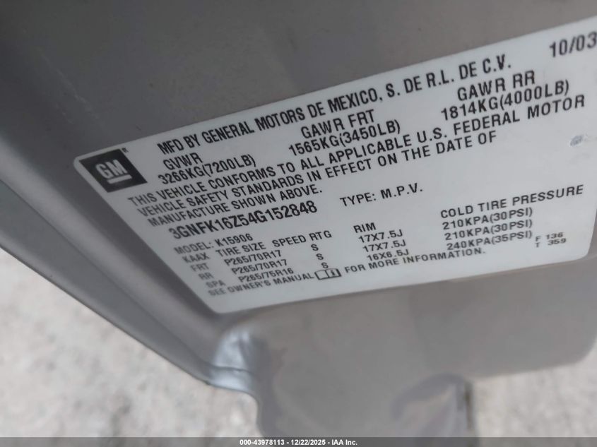 2004 Chevrolet Suburban 1500 Z71 VIN: 3GNFK16Z54G152848 Lot: 43978113