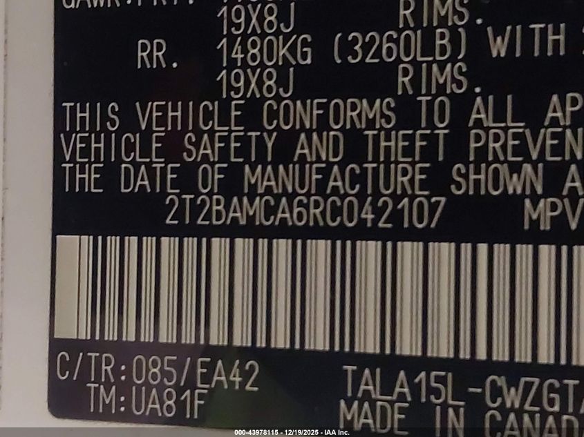 2024 Lexus Rx 350 Premium VIN: 2T2BAMCA6RC042107 Lot: 43978115