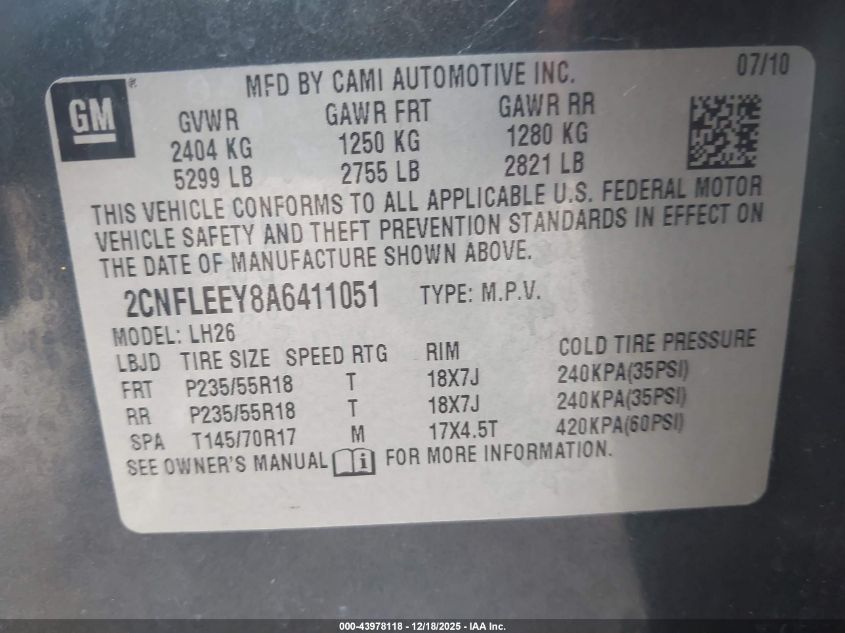 2010 Chevrolet Equinox Lt VIN: 2CNFLEEY8A6411051 Lot: 43978118