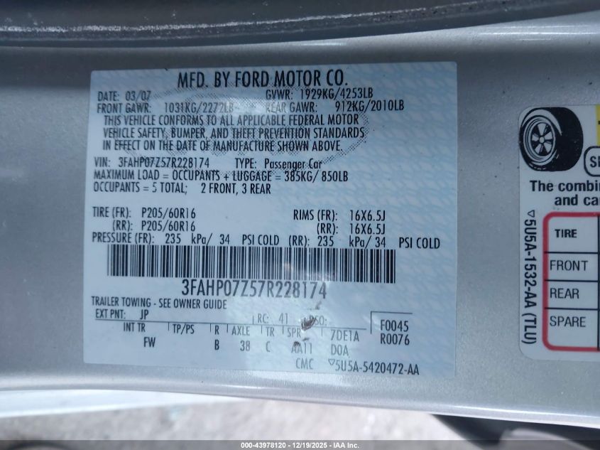 2007 Ford Fusion Se VIN: 3FAHP07Z57R228174 Lot: 43978120