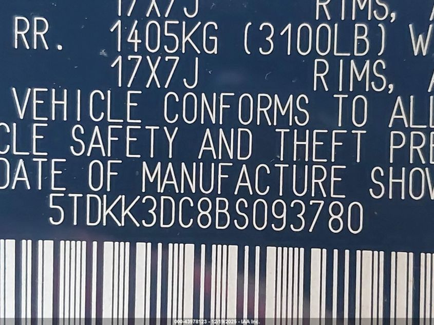 2011 Toyota Sienna Le V6 VIN: 5TDKK3DC8BS093780 Lot: 43978123