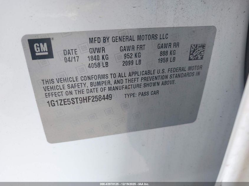 2017 Chevrolet Malibu 1Lt VIN: 1G1ZE5ST9HF258449 Lot: 43978125