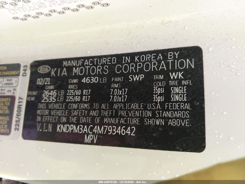 2021 Kia Sportage Lx VIN: KNDPM3AC4M7934642 Lot: 43978128