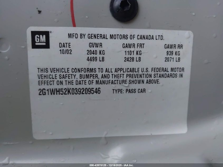 2003 Chevrolet Impala Ls VIN: 2G1WH52K039209546 Lot: 43978129
