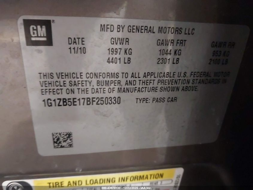 2011 Chevrolet Malibu Ls VIN: 1G1ZB5E17BF250330 Lot: 43978130