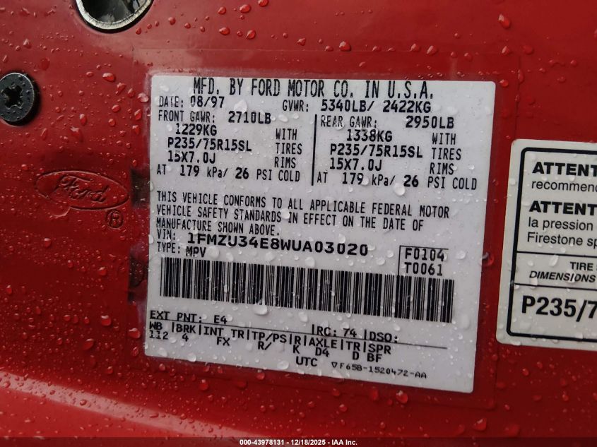 1998 Ford Explorer Eddie Bauer/Limited/Xl/Xlt VIN: 1FMZU34E8WUA03020 Lot: 43978131