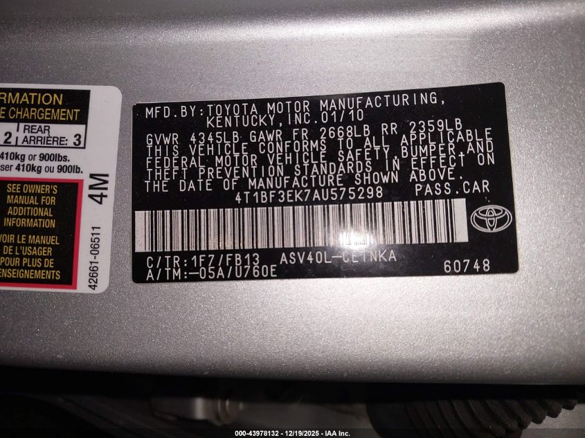 2010 Toyota Camry Le VIN: 4T1BF3EK7AU575298 Lot: 43978132