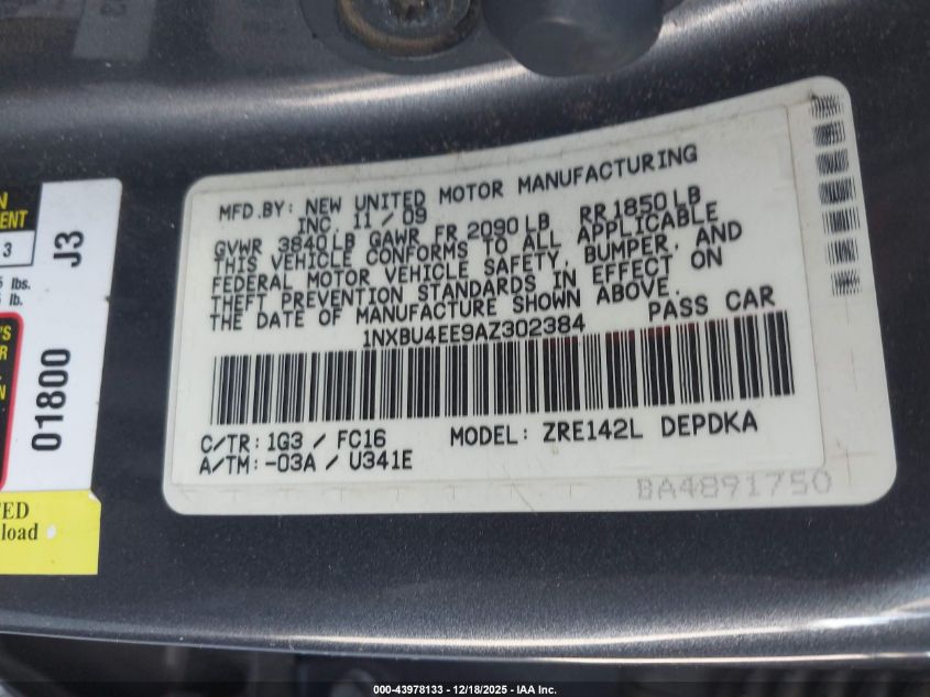 2010 Toyota Corolla Le VIN: 1NXBU4EE9AZ302384 Lot: 43978133