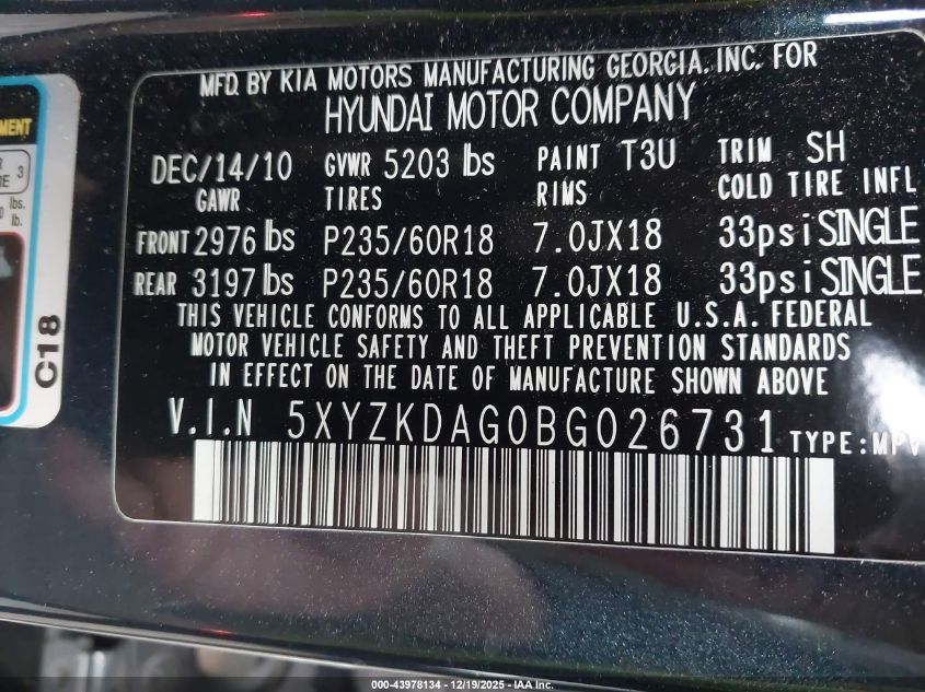 2011 Hyundai Santa Fe Limited V6 VIN: 5XYZKDAG0BG026731 Lot: 43978134