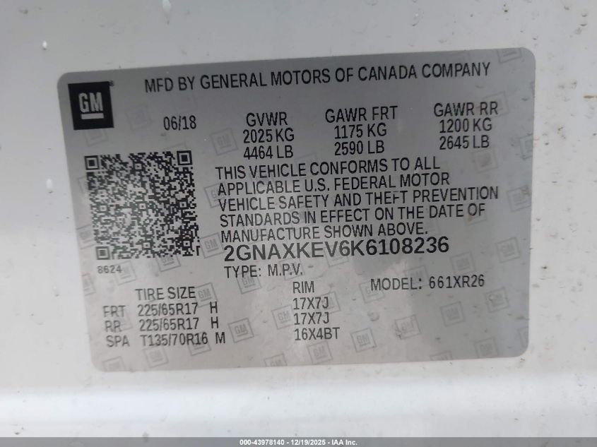 2019 Chevrolet Equinox Lt VIN: 2GNAXKEV6K6108236 Lot: 43978140