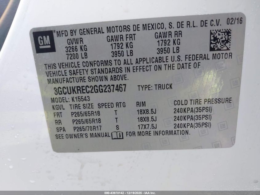 2016 Chevrolet Silverado 1500 1Lt VIN: 3GCUKREC2GG237467 Lot: 43978142