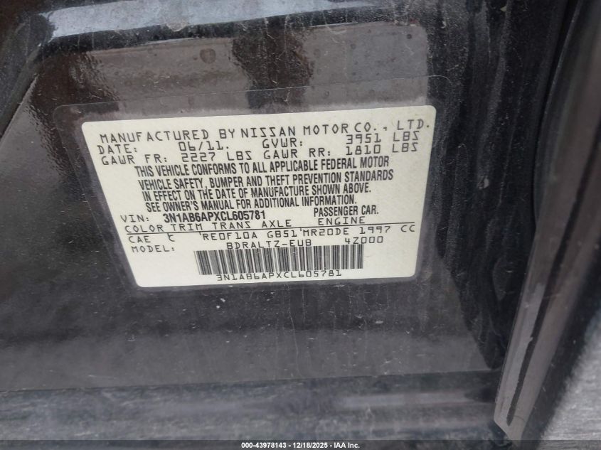 2012 Nissan Sentra 2.0 S VIN: 3N1AB6APXCL605781 Lot: 43978143