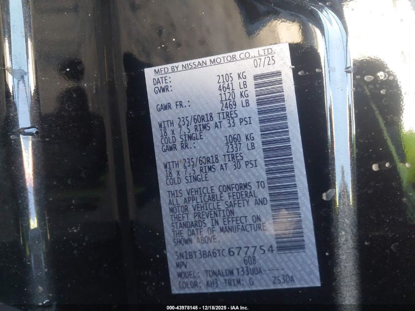 2026 Nissan Rogue Sv VIN: 5N1BT3BA6TC677754 Lot: 43978148