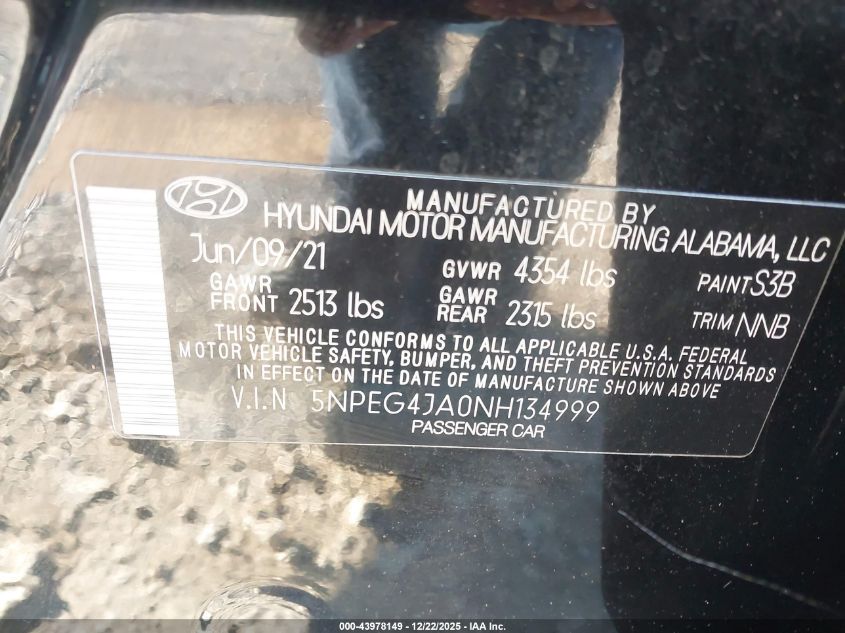 2022 Hyundai Sonata Se VIN: 5NPEG4JA0NH134999 Lot: 43978149