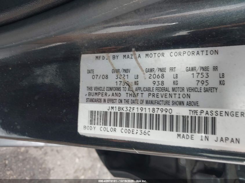 2009 Mazda Mazda3 I VIN: JM1BK32F191187990 Lot: 43978151