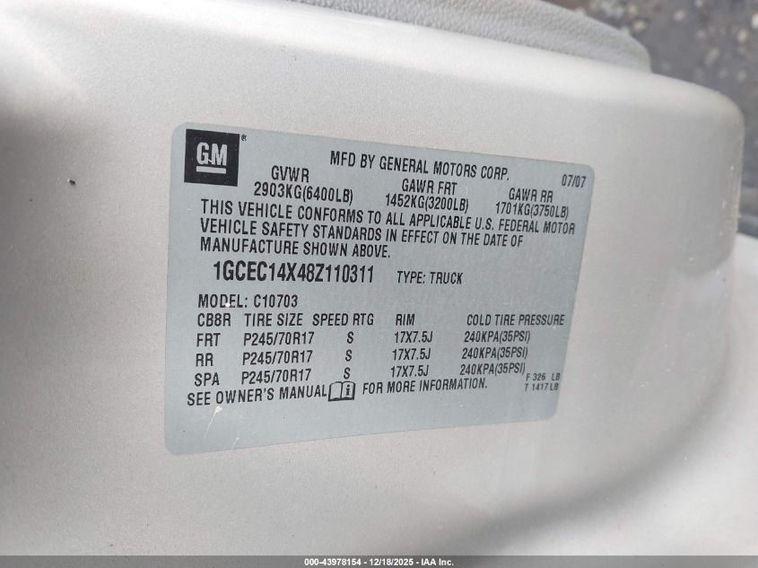2008 Chevrolet Silverado 1500 Work Truck VIN: 1GCEC14X48Z110311 Lot: 43978154