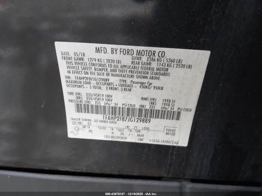 2018 Ford Taurus Limited VIN: 1FAHP2F87JG129889 Lot: 43978157