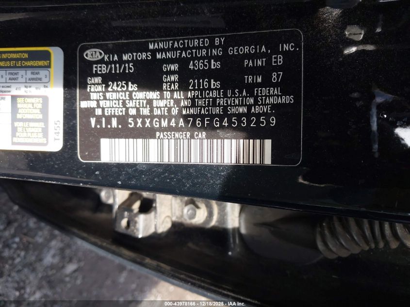 2015 Kia Optima Lx VIN: 5XXGM4A76FG453259 Lot: 43978166