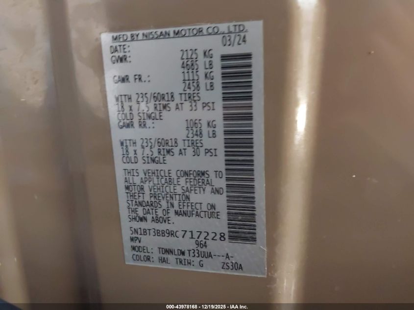 2024 Nissan Rogue Sv Intelligent Awd VIN: 5N1BT3BB9RC717228 Lot: 43978168