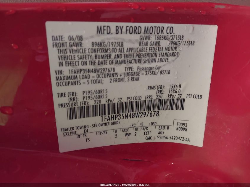 2008 Ford Focus Se/Ses VIN: 1FAHP35N48W297678 Lot: 43978175