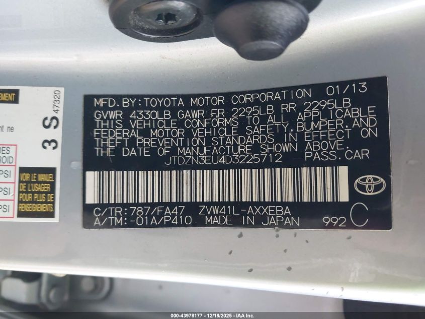2013 Toyota Prius V Two VIN: JTDZN3EU4D3225712 Lot: 43978177