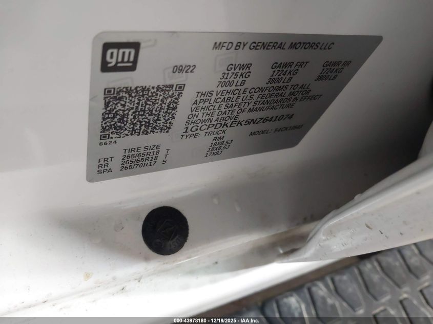 2022 Chevrolet Silverado 1500 4Wd Short Bed Lt With 2Fl VIN: 1GCPDKEK5NZ641074 Lot: 43978180