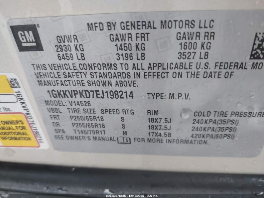 2014 GMC Acadia Sle-2 VIN: 1GKKVPKD7EJ198214 Lot: 43978185