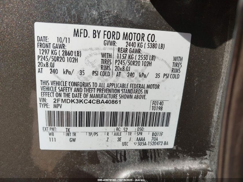 2012 Ford Edge Limited VIN: 2FMDK3KC4CBA40861 Lot: 43978188