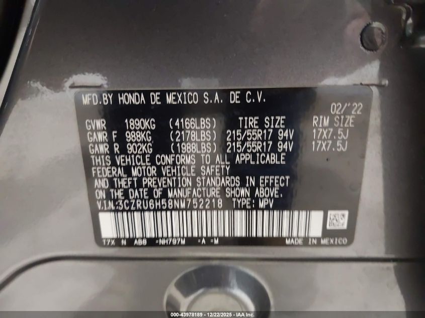 2022 Honda Hr-V Awd Ex VIN: 3CZRU6H58NM752218 Lot: 43978189