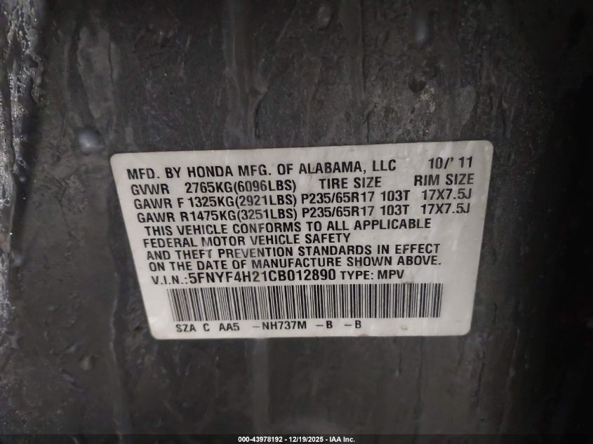 2012 Honda Pilot Lx VIN: 5FNYF4H21CB012890 Lot: 43978192