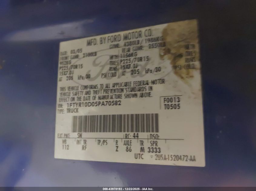 2005 Ford Ranger Xl/Xls/Xlt VIN: 1FTYR10D05PA70582 Lot: 43978193