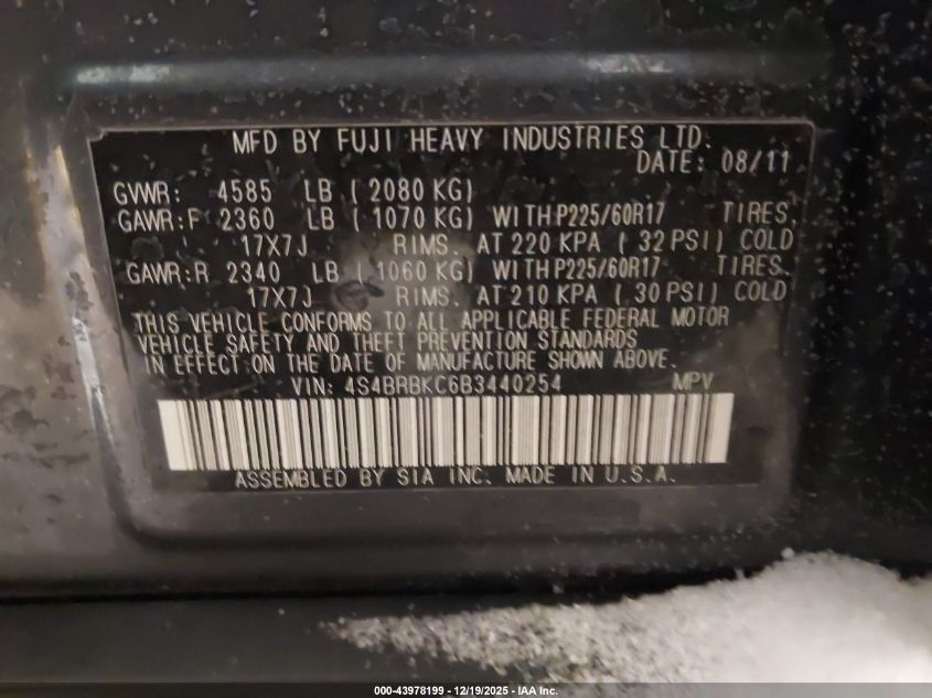 2011 Subaru Outback 2.5I Limited VIN: 4S4BRBKC6B3440254 Lot: 43978199