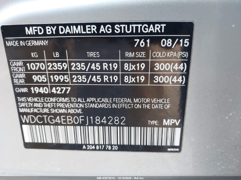 2015 Mercedes-Benz Gla 250 VIN: WDCTG4EB0FJ184282 Lot: 43978210