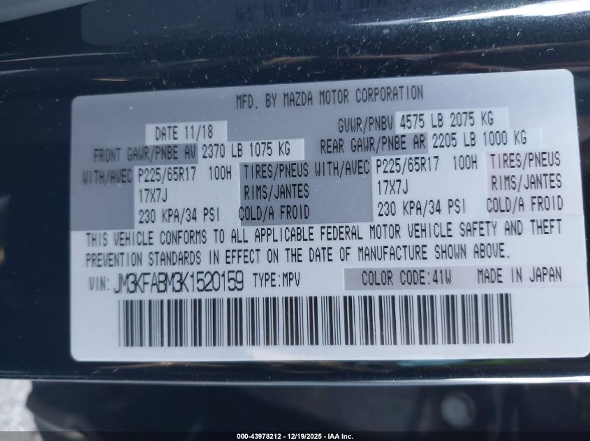 2019 Mazda Cx-5 Sport VIN: JM3KFABM3K1520159 Lot: 43978212