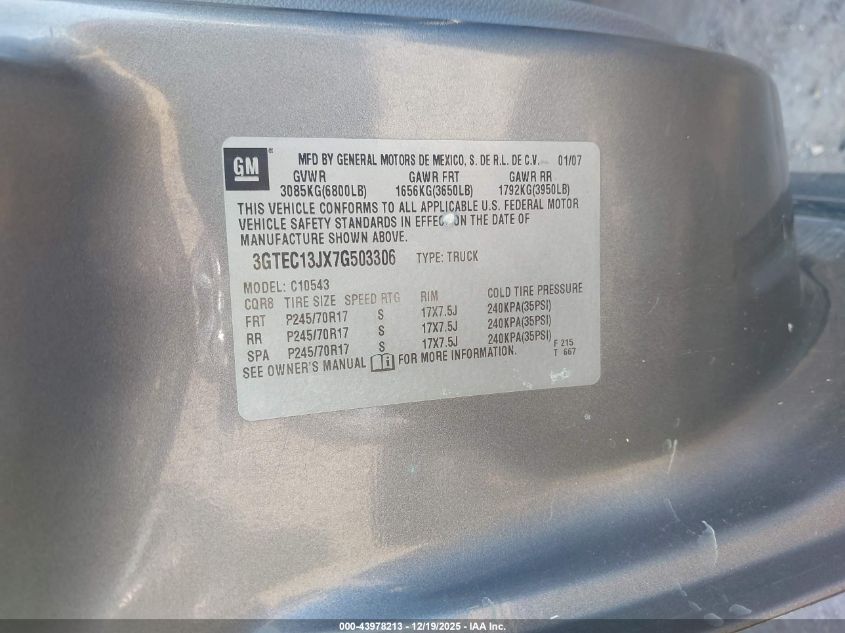 2007 GMC Sierra 1500 Work Truck VIN: 3GTEC13JX7G503306 Lot: 43978213