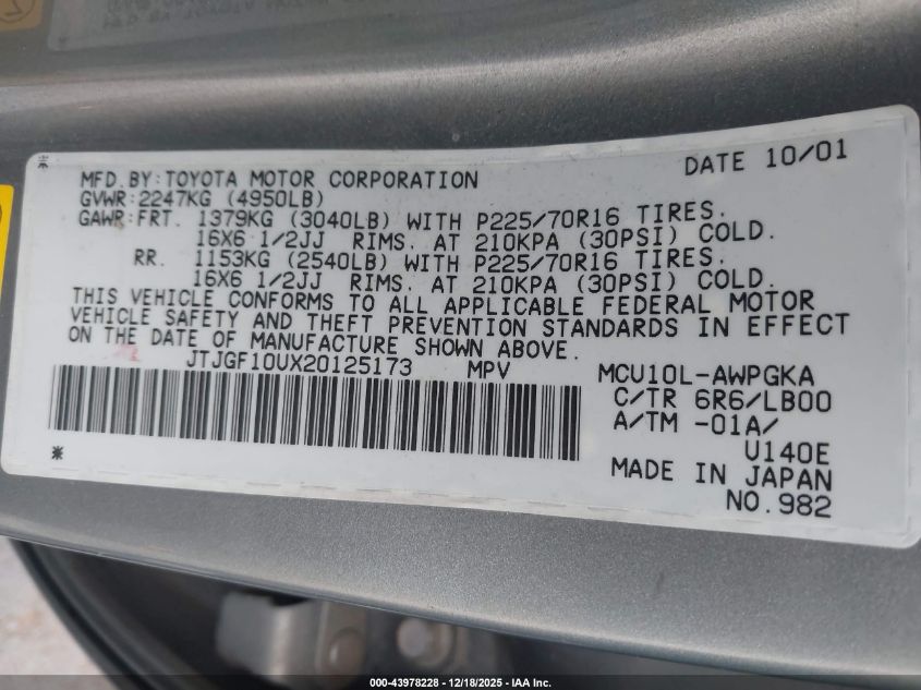 2002 Lexus Rx 300 VIN: JTJGF10UX20125173 Lot: 43978228