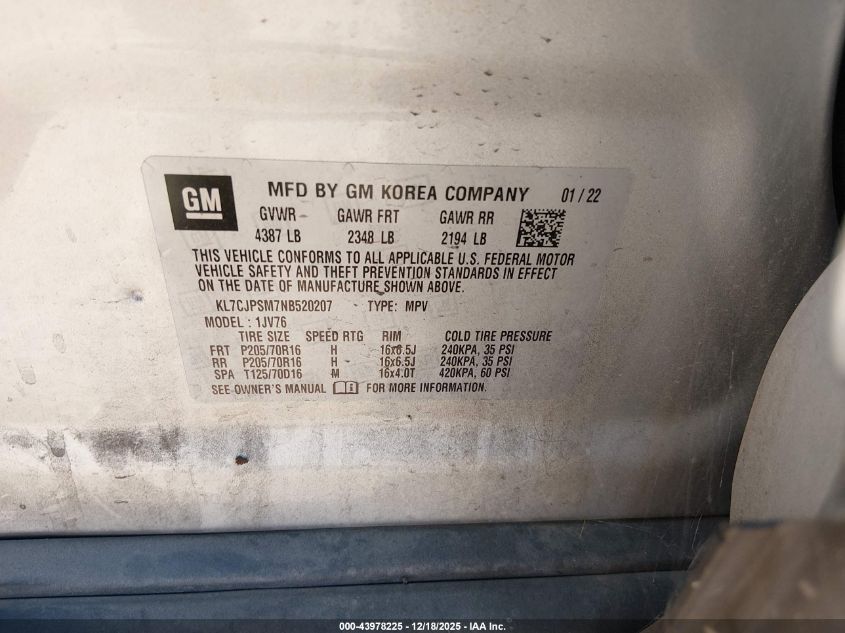 2022 Chevrolet Trax Awd Lt VIN: KL7CJPSM7NB520207 Lot: 43978225