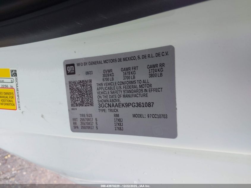 2023 Chevrolet Silverado 1500 2Wd Standard Bed Wt VIN: 3GCNAAEK9PG361087 Lot: 43978229