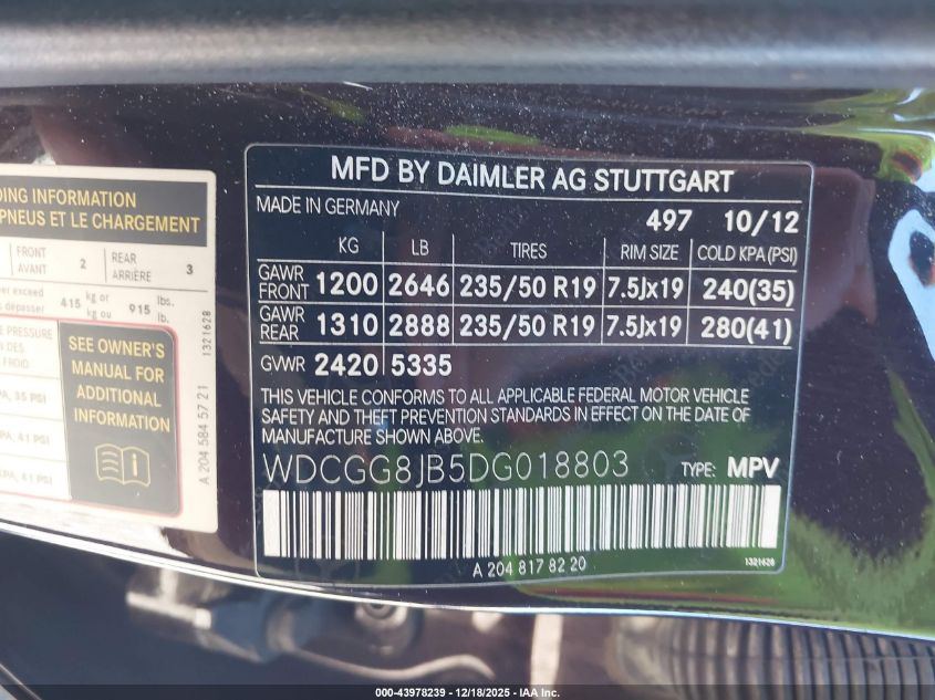 2013 Mercedes-Benz Glk 350 4Matic VIN: WDCGG8JB5DG018803 Lot: 43978239