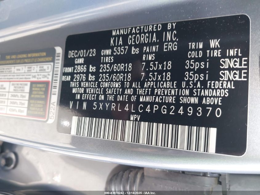 2023 Kia Sorento S VIN: 5XYRL4LC4PG249370 Lot: 43978242
