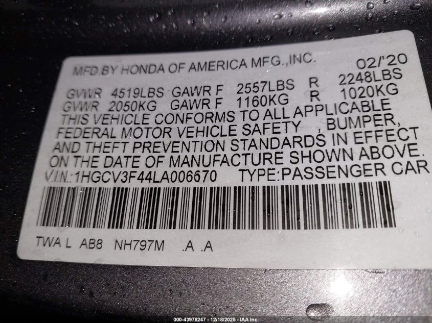 2020 Honda Accord Hybrid Ex VIN: 1HGCV3F44LA006670 Lot: 43978247
