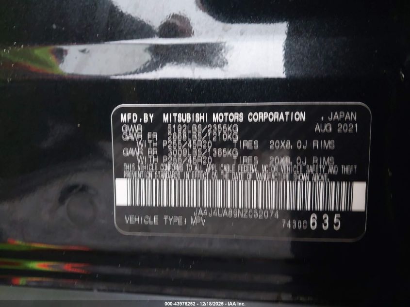 2022 Mitsubishi Outlander Black Edition S-Awc/Se 2.5 S-Awc/Se Launch Edition S-Awc VIN: JA4J4UA89NZ032074 Lot: 43978252