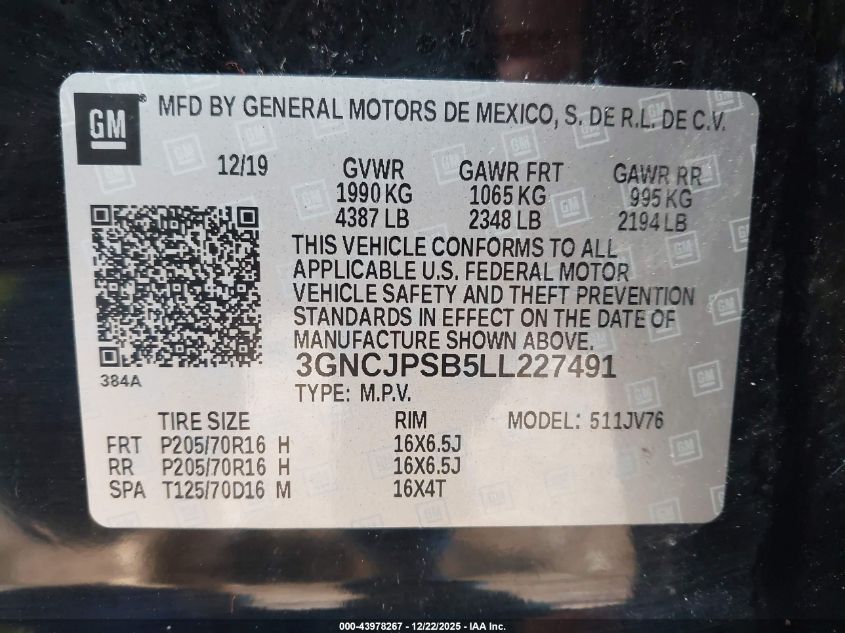 2020 Chevrolet Trax Awd Lt VIN: 3GNCJPSB5LL227491 Lot: 43978267