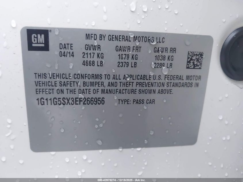 2014 Chevrolet Malibu 3Lt VIN: 1G11G5SX3EF266956 Lot: 43978274