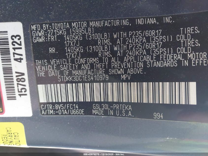 2014 Toyota Sienna Le V6 8 Passenger VIN: 5TDKK3DC1ES410979 Lot: 43978275