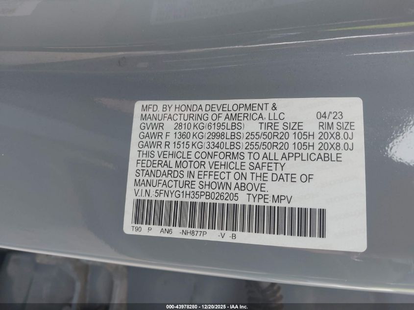 2023 Honda Pilot Awd Sport VIN: 5FNYG1H35PB026205 Lot: 43978280