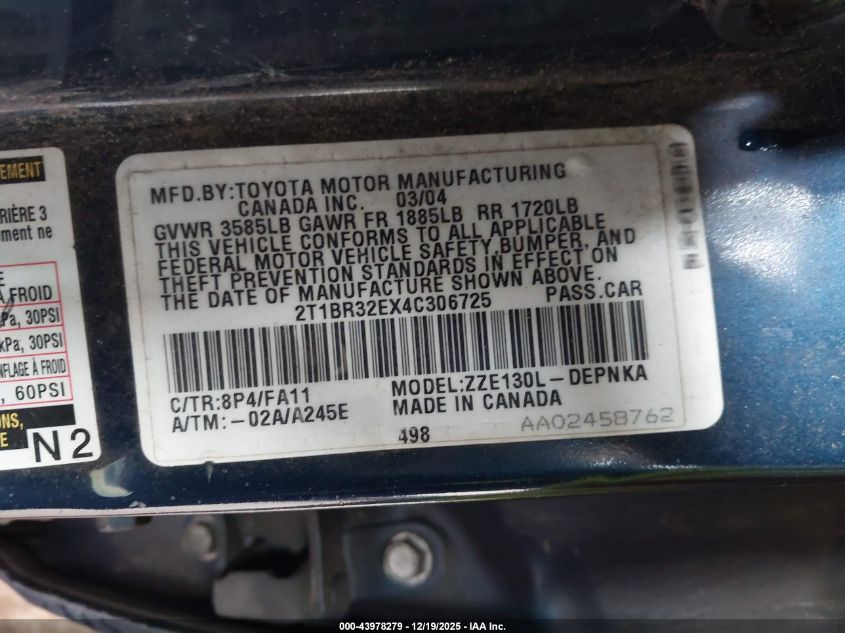 2004 Toyota Corolla Le VIN: 2T1BR32EX4C306725 Lot: 43978279