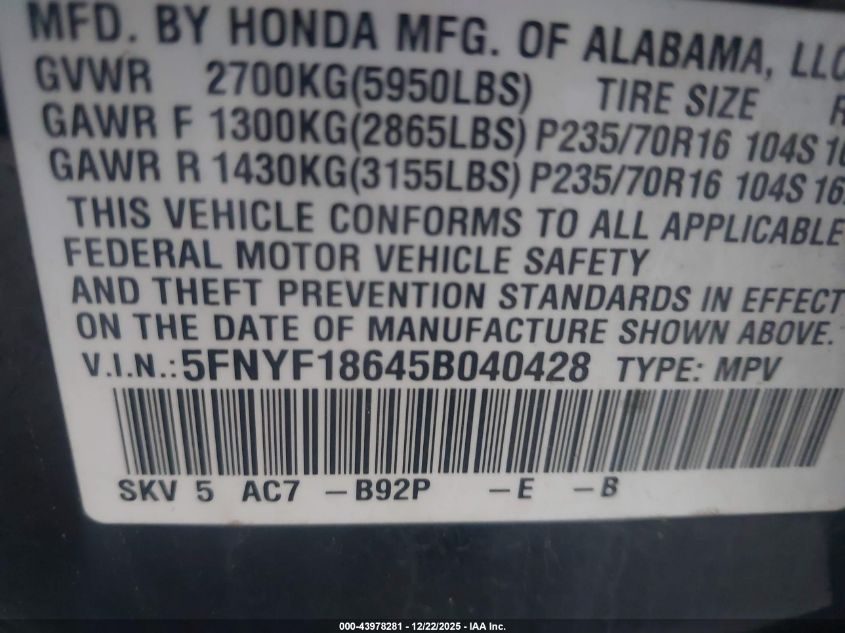 2005 Honda Pilot Ex-L VIN: 5FNYF18645B040428 Lot: 43978281