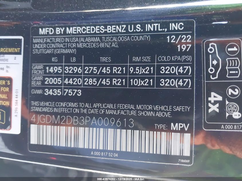 2023 Mercedes-Benz Eqs 450+ Suv VIN: 4JGDM2DB3PA009613 Lot: 43978282